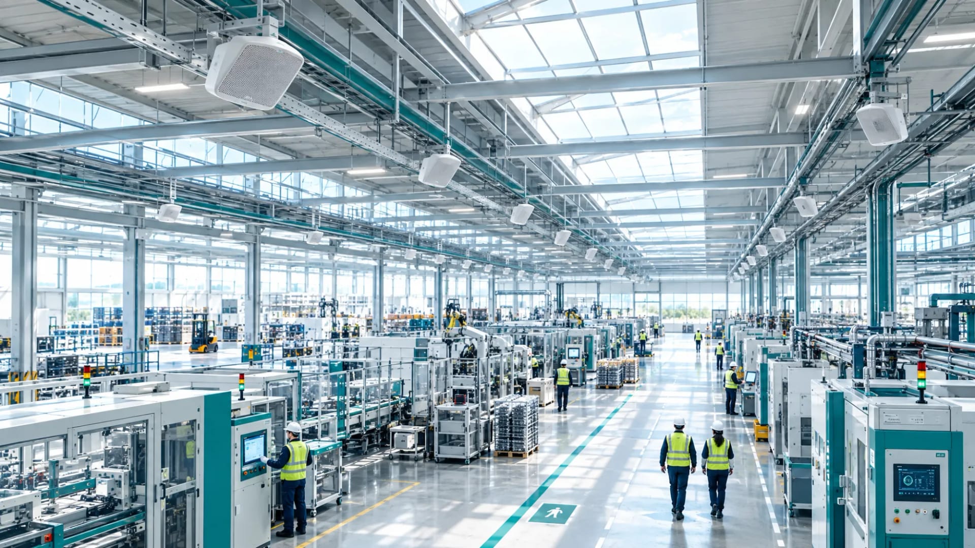 Sistema de audio IP en planta industrial con altavoces en techo